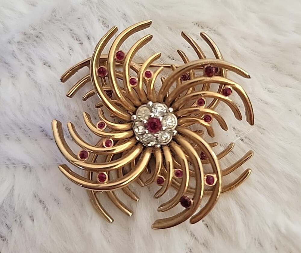 Vintage Marcel Boucher Flower Brooch white red crystals , RARE 8457P